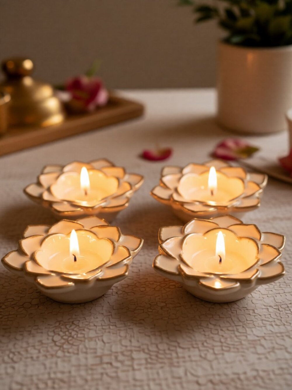 Set of 4 Lotus Floral Tea Light Holders in Ivory with Gold Trim - Diwali